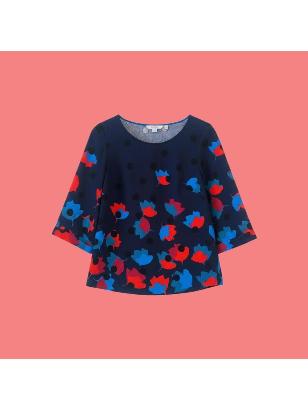 Boden Navy Blue Floral Print 3/4 Sleeve Blouse